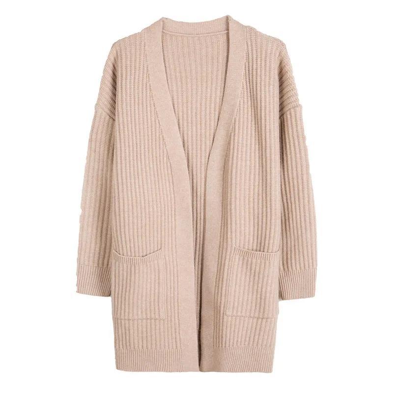 Кардиган из цельного вязанного трикотажа, повседневный свободный свитер с длинными рукавами и карманом, женская одежда