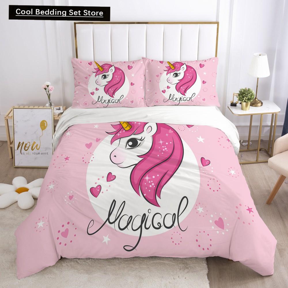 Детский детский розовый комплект постельного белья Queen King Cartoon Unicorn Белый пододеяльник Twin Полный цветной 2/3 шт полиэстеровый пододеяльник