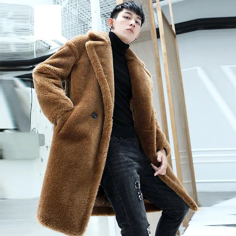 Мужская меховая ветровка, кашемировая парка, зимняя толстая теплая куртка, свободное повседневное пальто, длинное