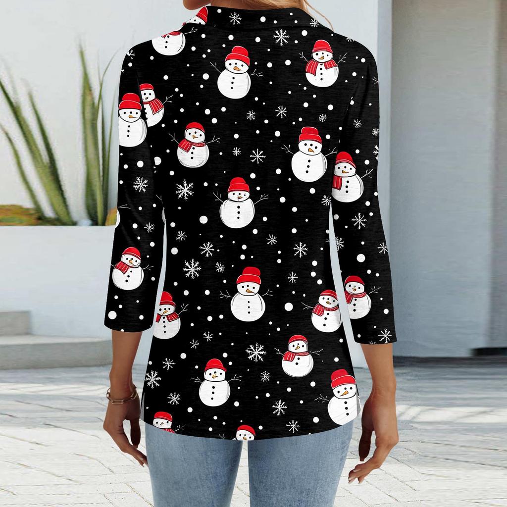 Women's Fashion Casual Lapel Short 3/4 Sleeve Christmas Print Shirt Women's Button Up Tops