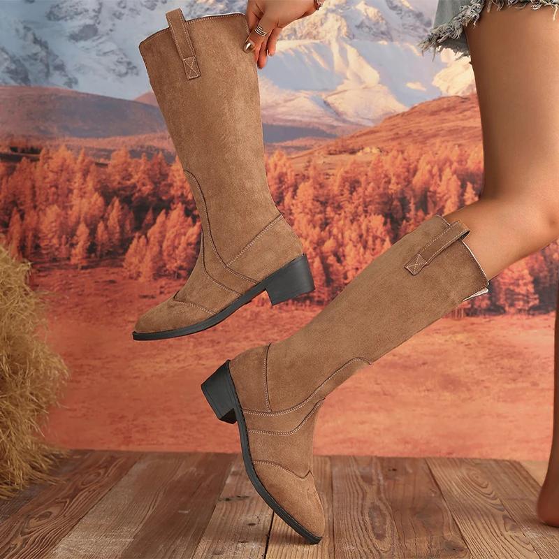 Женские заостренные носки до колена, замшевые туфли на плоской подошве, зимняя мода 2024 года, новые ботинки челси, сексуальное платье, прогулочный бренд Mujer Zapatos