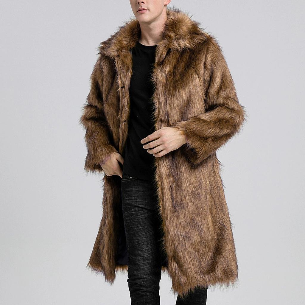 Men's Faux Animal Hair Long Coat Warm Overcoat Turn Down Collar Coat Cardigan Winter Fuzzy Fleece Jacket Open Front