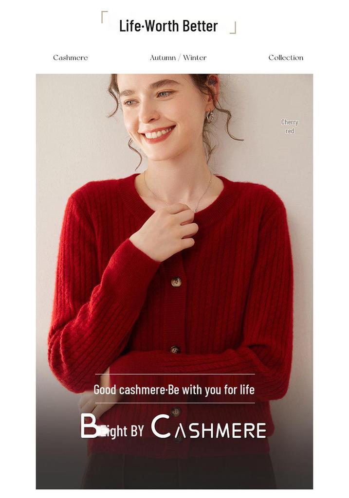 Women's Cable Knit Cashmere Cardigan - Round Neck, Single-Breasted, Fashionable & Warm Sweater Coat