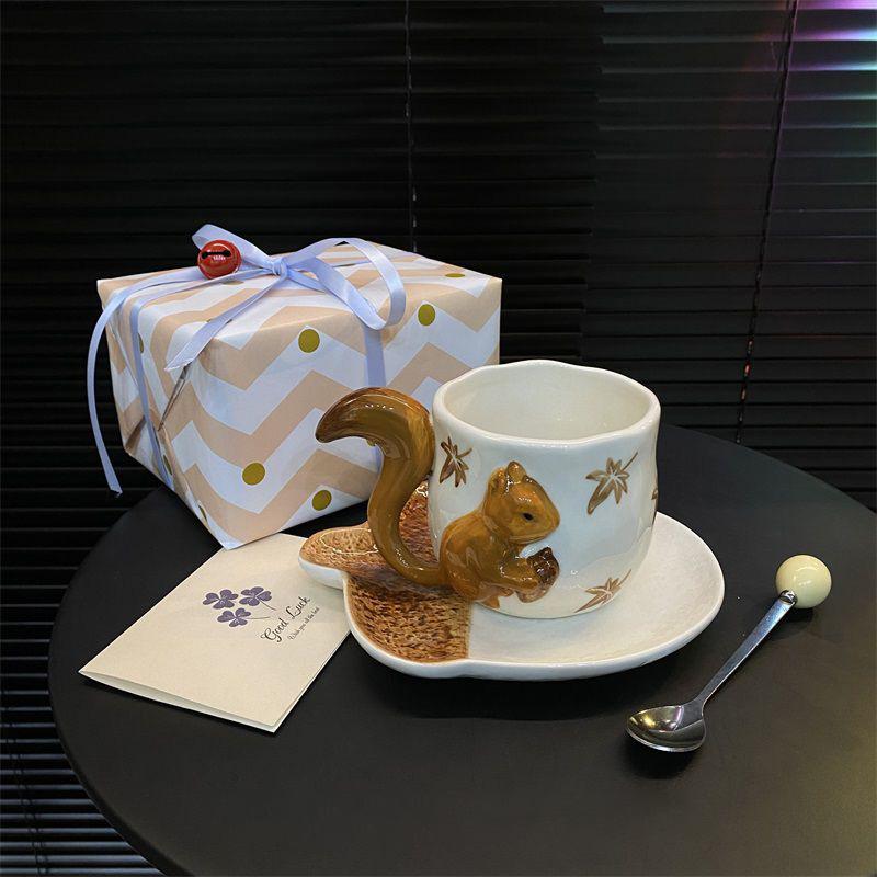 Creative 3D Squirrel Coffee Cup with Tail Handle & Acorn Saucer Set Cute Ceramic Animal Mug Novelty Gift
