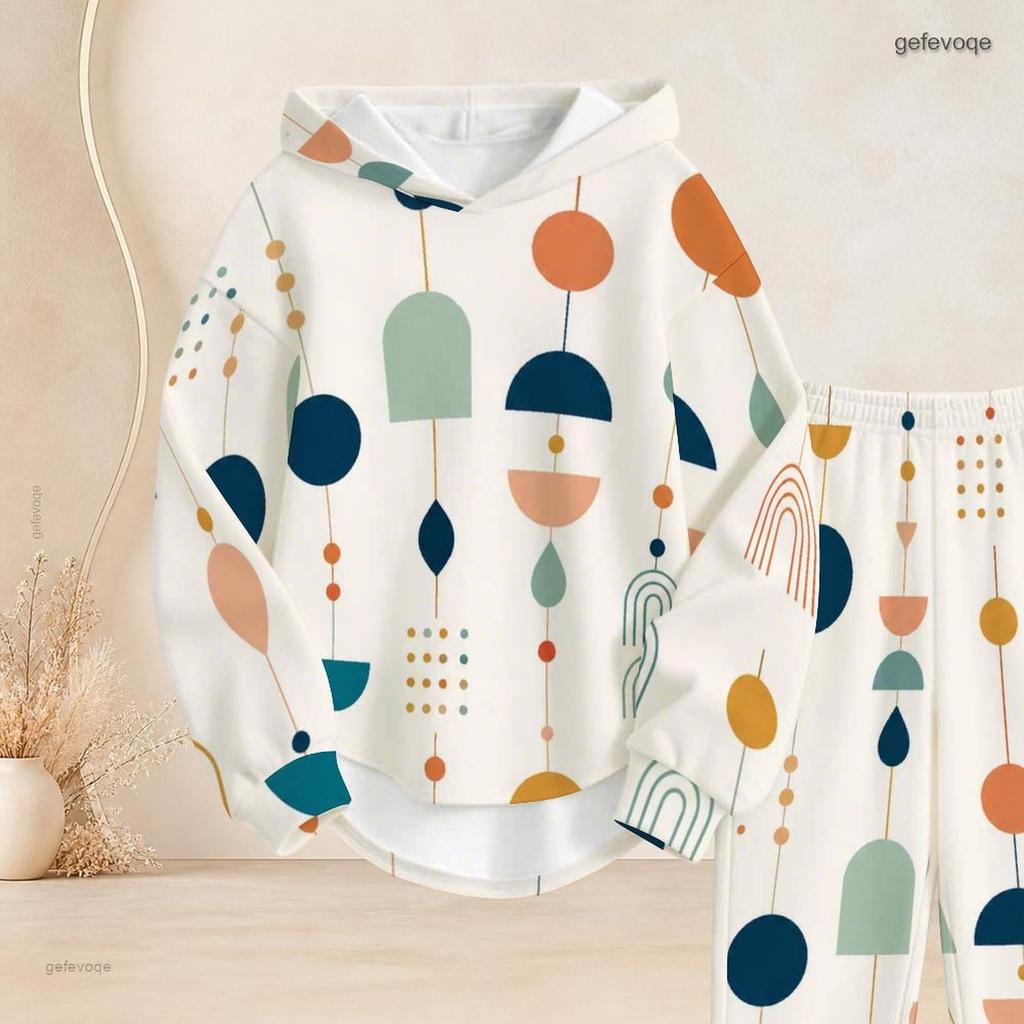 Women Plus Size White Printed Two Piece Set Hooded Long Sleeve Top Cuffed Pants