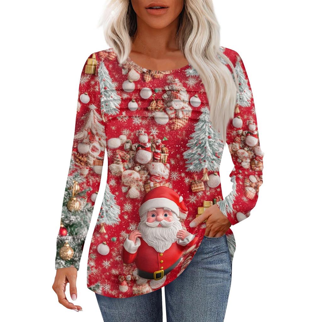 Женская повседневная мода рождественский принт круглый вырез плиссированный длинный рукав топ