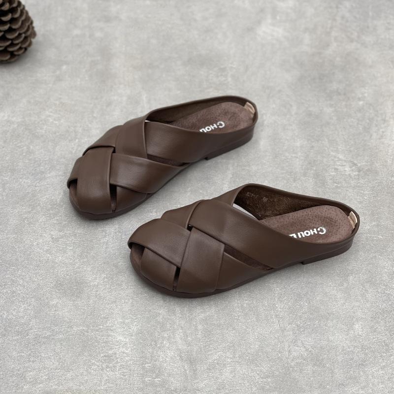Johnature Тапочки из натуральной кожи с круглым носком, женская обувь, повседневные уличные шлепанцы, удобные тапочки на плоской подошве