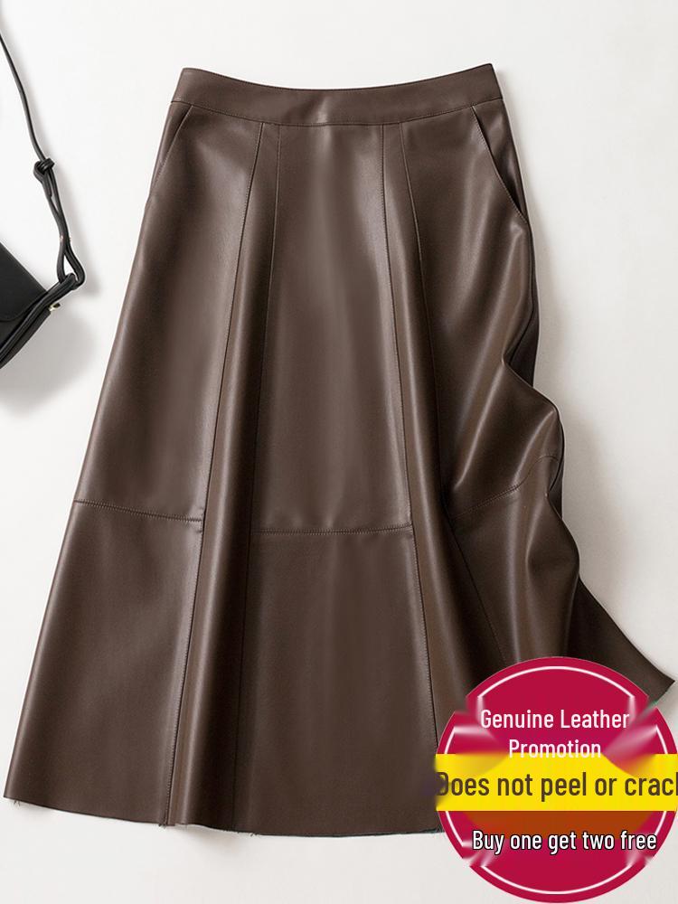 Women's Cross-Strap Leather A-line Skirt - Mid-length, High-waist, Slimming Umbrella Design, Fashionable Wide Hem, 2025 Autumn/Winter Collection.