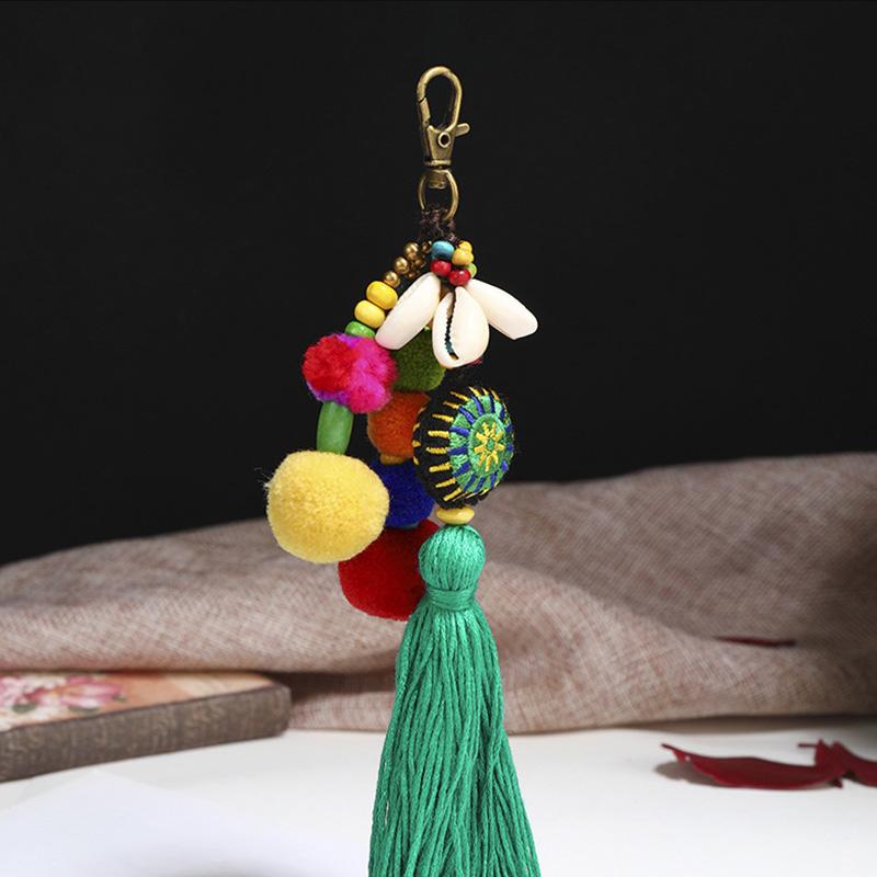 Flower Charms Keychains Pompom Tassels Colorful Pendant Keyring Women 1pc Multicolor Beads Accessories Jewelry Boho Style