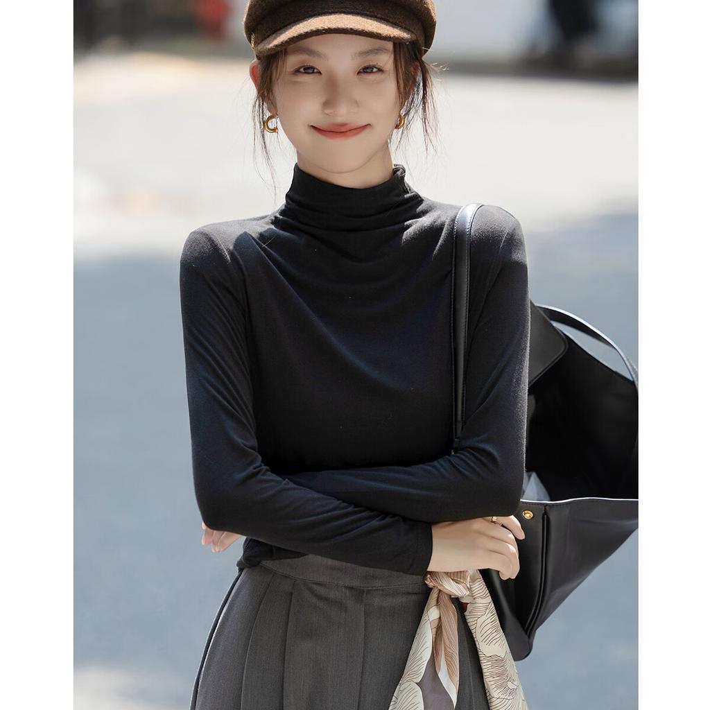 Dme Warm Ginger Fleece Autumn New Slim Fit Thin Half Turtleneck Long Sleeve Women's Base Shirt