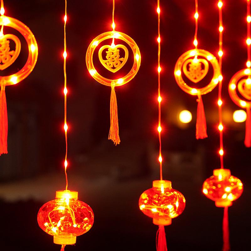 2025 New Year Red Lantern LED Curtain String Lights - Home Atmosphere Decoration with Fu Character