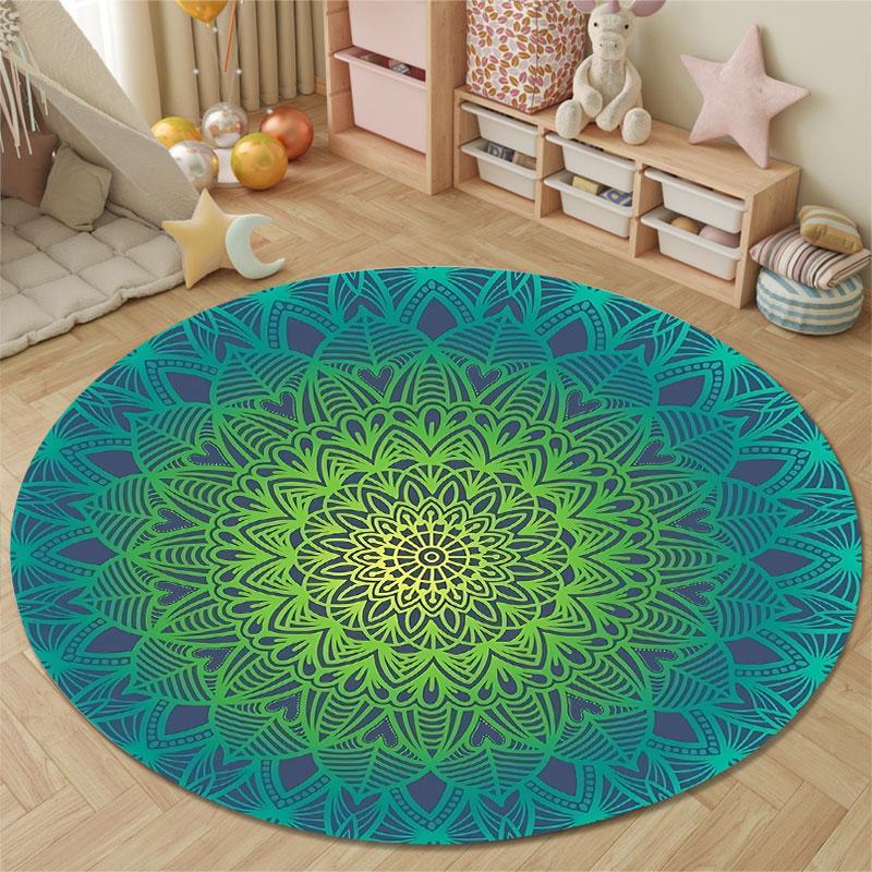 Playful Round Mandala Multicolor Floor Rug, Non-Slip Floor Mat for Nursery