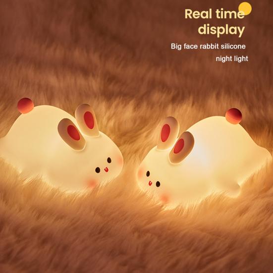 Night Light Silicone Big Face Rabbit Tap USB Rechargeable with Dimmable Timer Soft Eye-Protective LED Night Light