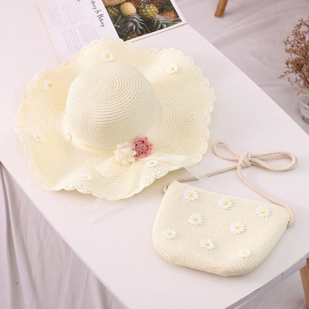 Мальчики Девочки С Сумочкой Панама Шляпа Соломенная Шляпа Летняя Детская Шляпа Солнцезащитный Козырек Цветок Воздухопроницаемая Шляпа