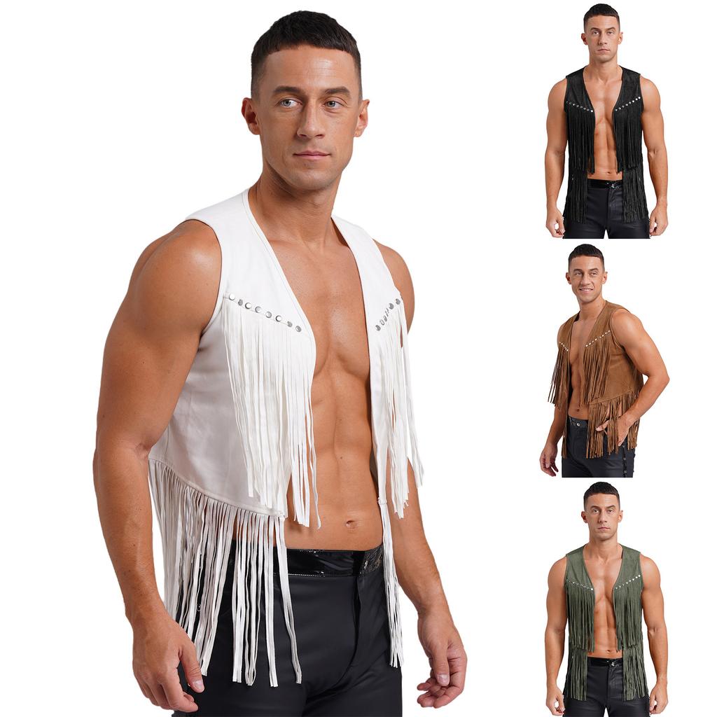 Men's Cowboy Vest Top Open Front Sleeveless Fringe Party Club Jacket Waistcoat