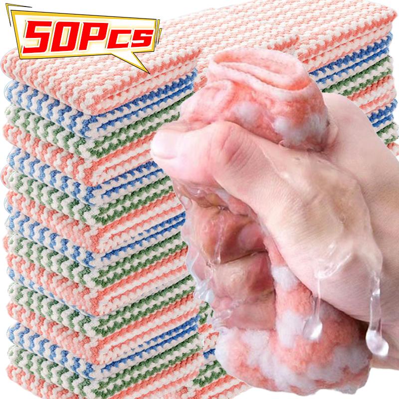 50/1pcs Coral Fleece Dishcloths Kitchen Washing Dish Rags Super Absorbent Cleaning Cloths Scouring Pads Glass Windows Wipe Towel