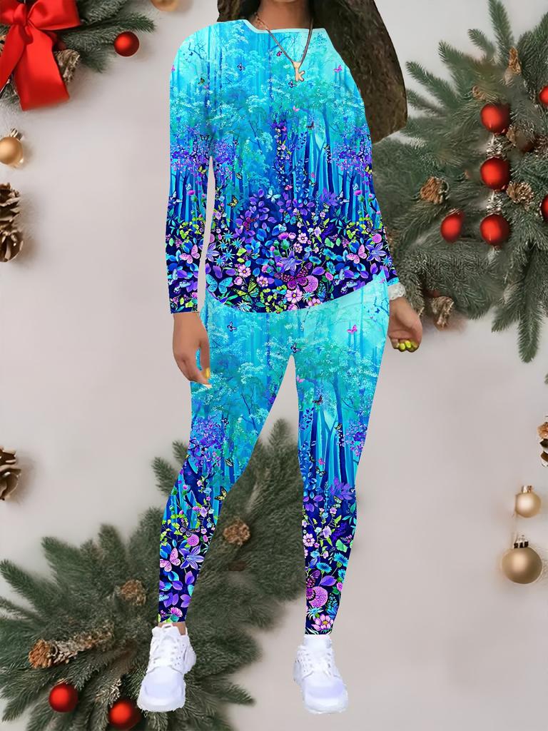 Женский костюм-двойка с принтом "Любовь": Топ с длинным рукавом и круглым вырезом и брюки, праздничный лимитированный повседневный костюм для вечеринки в подарок