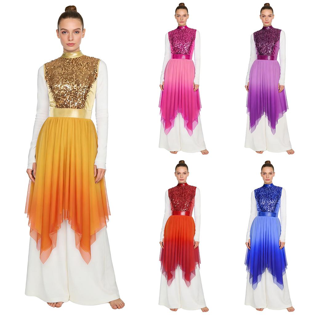 Женское лирическое литургическое танцевальное платье: Блестящие пайетки, Без рукавов, Сетчатый боди с градиентом, Элегантный асимметричный подол