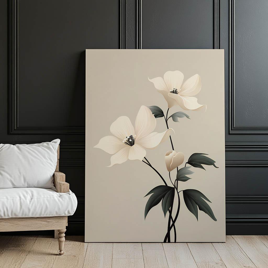 Biała Elegancja - Minimalistyczny Kwiatowy Plakat Biała Elegancja - Minimalistyczny Kwiatowy Plakat, 30X40 Cm, Rama Drewniana Jasny Dąb, Papier Matowy