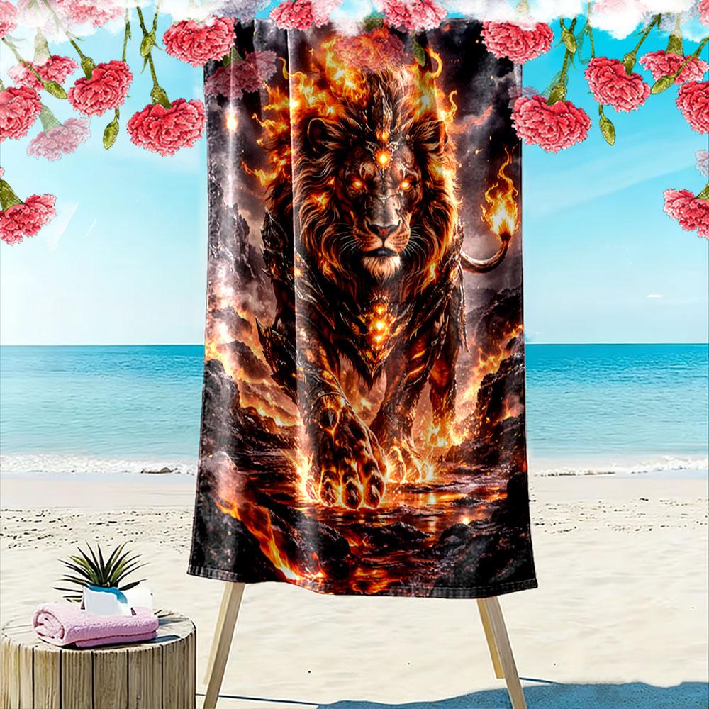 Majestic flaming lion stride Print beach towel, quick drying, suitable for travel, outdoor sports, jogging, the beach and swimming, gift
