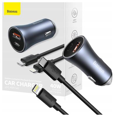 Автомобильное зарядное устройство Baseus Golden Contactor Pro, USB + USB-C, QC4.0+, PD, SCP, 40 Вт (Серый) + Кабель USB-C для iPhone 1M (Черный)