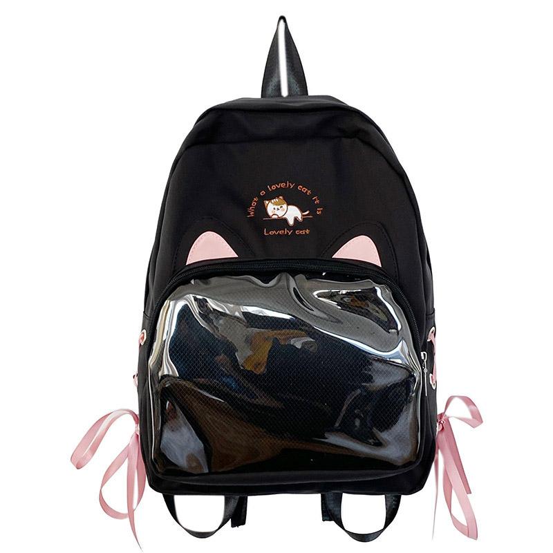 SCIONE New Transparent Schoolbag Large-capacity Contrast Ridge Protection Backpack Two-dimensional Cute Cartoon Cat Backpack