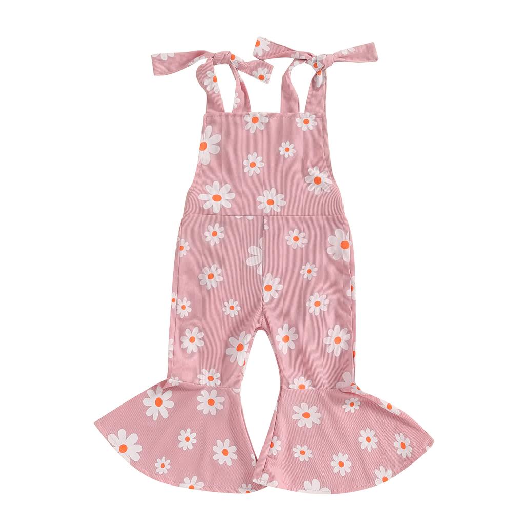 Toddler Girls Summer Flare Jumpsuit Daisy Print Sleeveless Tie-Up Bell-Bottoms Romper