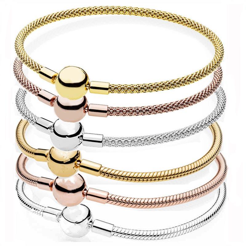 Rose Gold Silver Smooth Ball Clasp Mesh Snake Chain 925 Sterling Silver Bracelet Bangle Fit Fashion Bead Charm Diy Jewelry