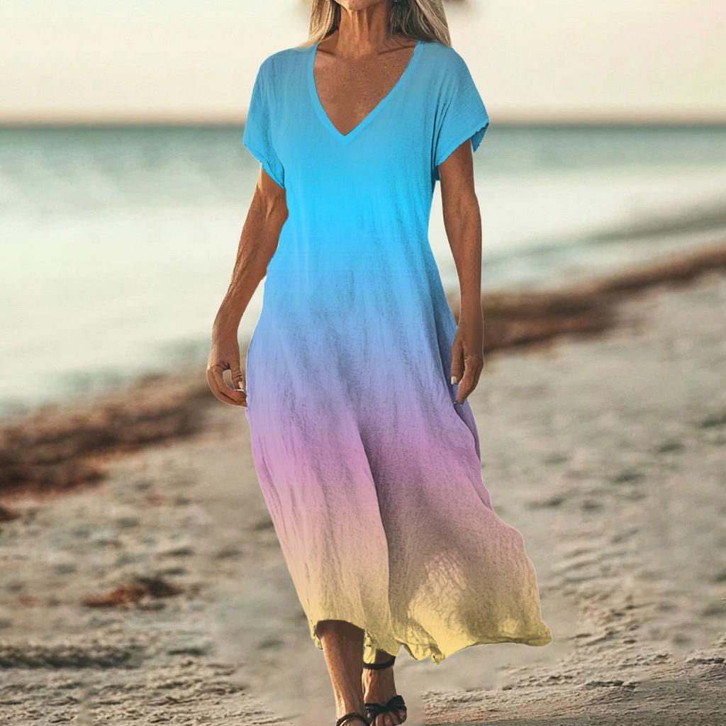 Women's Summer V-Neck Short Sleeve Cotton Linen Gradient Printed Loose Beach Dresses