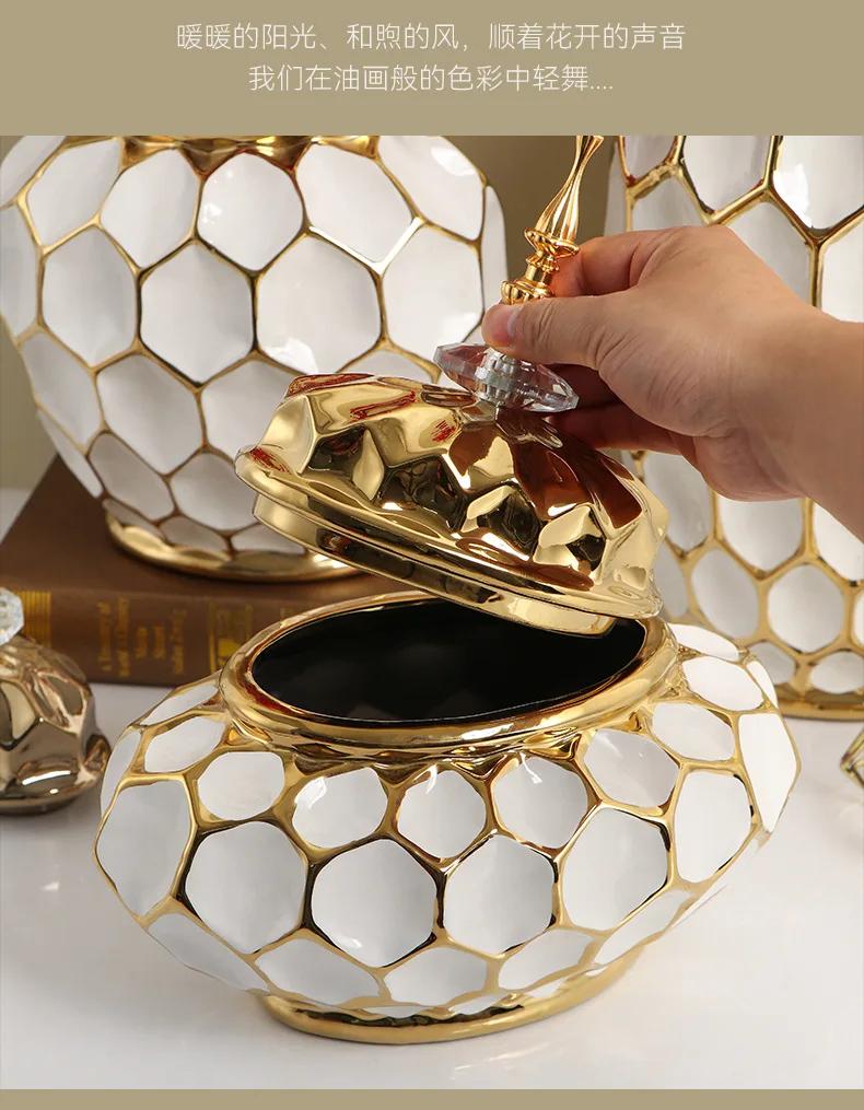 Керамическая ваза с золотым ободком, банка для хранения имбиря, винтажная фарфоровая ваза, емкость для хранения с заостренной крышкой, ваза для цветов, украшение для дома, орнамент