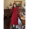 French Red Semi-High Neck Knit Slimming Dress - Long-Sleeved Autumn/Winter Fashion for Women