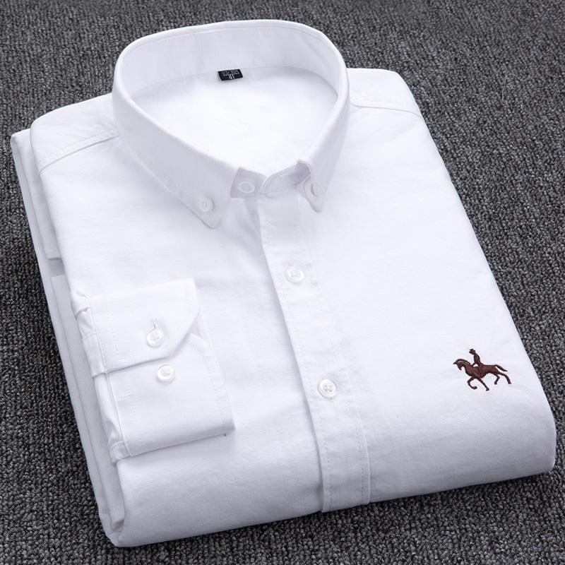 Men's Cotton Shirt Solid Color Business Casual Formal Embroidery Shirts Long Sleeve Lapel Male Fashion Standard Fit Button Up