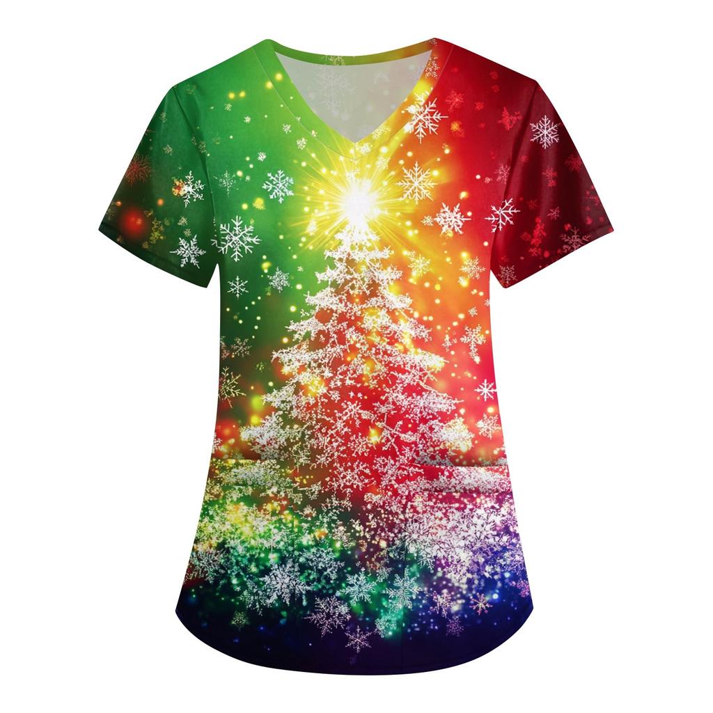 Женская симпатичная рабочая одежда с принтом, V-образным вырезом, двухслойными карманами, базовым коротким рукавом, пуловером на Рождество