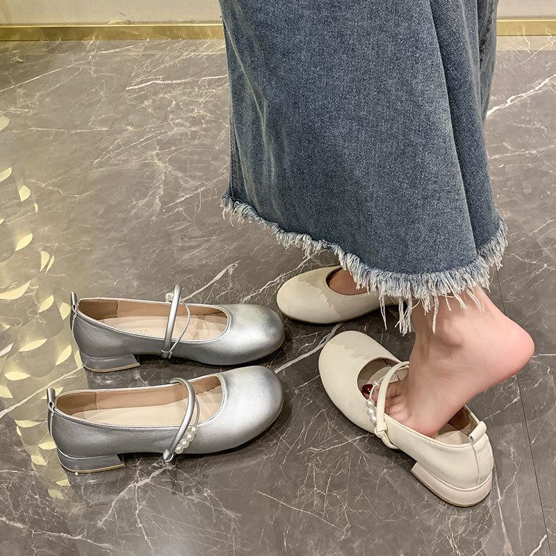 Gentle Wind Mary Jane Women's Shoes 2024 Autumn New French Small Fragrant Wind Pearl Single Shoes with Skirt Silver Single Shoes