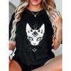 Women Casual T Shirt Black Cat With Third Eye And Moon Symbol Print For Everyday Wear And Boho Style Outfits