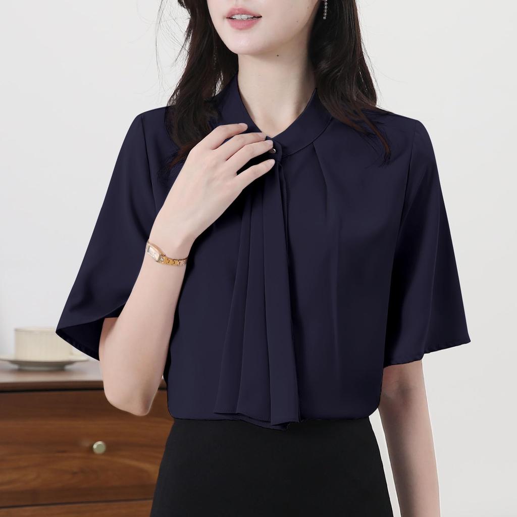 Рубашка Блузка для Короткого Тела Офисная Летняя [Yino] Женская, Рукав, Бант, Драпировка, Лента, Закрывающая, Стройнящая, Стильная, Аккуратная, Женственная, Взрослая, Милая,