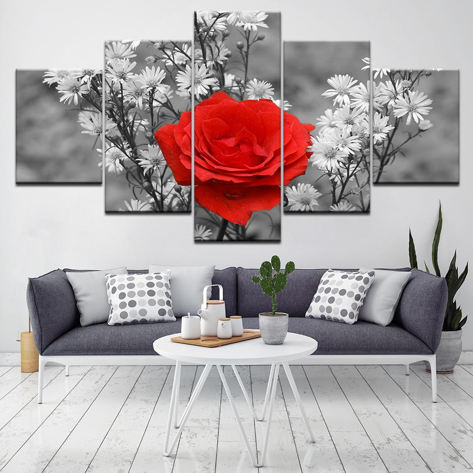 Wall Art Canvas Picture Painting 5 Panels Red Rose Home Modern Modular Living Room Decorative Artwork
