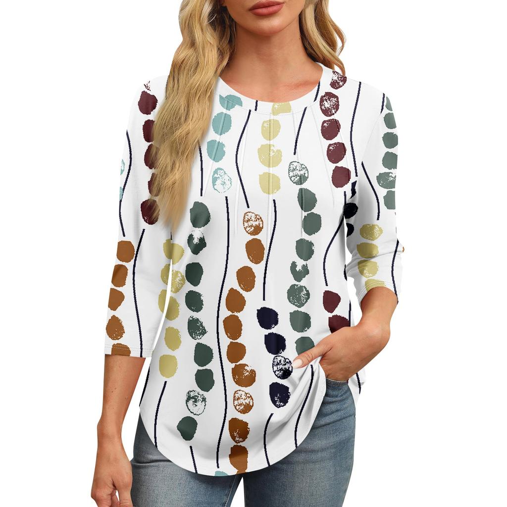 Женская модная футболка с круглым вырезом и рукавом 3/4 с принтом, повседневная, базовая, плиссированная, пуловер