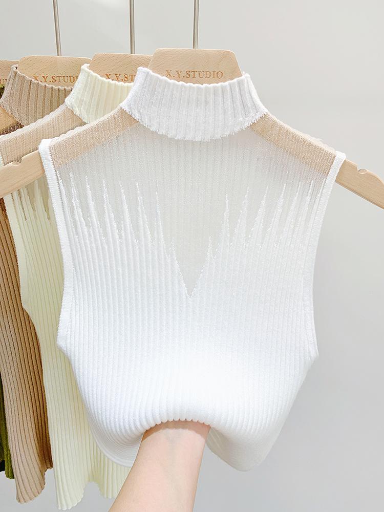 Сетчатый трикотажный топ для женщин Y2K, майка с полуворотником, жилет для женщин, без рукавов, шикарный уличный стиль с вырезами, однотонный облегающий белый топ-труба