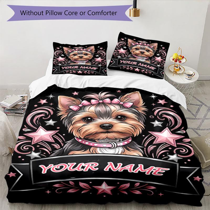 3pcs Custom Name Yorkie Star Bedding Set Printed Bedding Set Duvet Cover Closure Includes 1 Duvet Cover & 2 Pillowcases Bedroom Decor