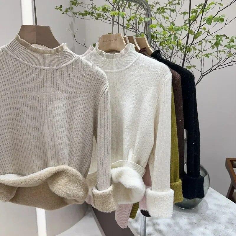 Осенне-зимние толстые плюшевые бархатные свитера, женские кружевные вязаные джемперы с полувысоким воротником, повседневные однотонные теплые пуловеры 29787