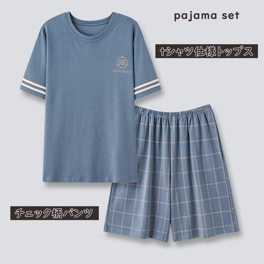 Yucahype Летний хлопковый топ и низ в клетку Свободные короткие пижамы для весны и осени Мужская пижама, Комплект, Домашняя одежда, Комплект из 2 предметов, Узор, Посадка,