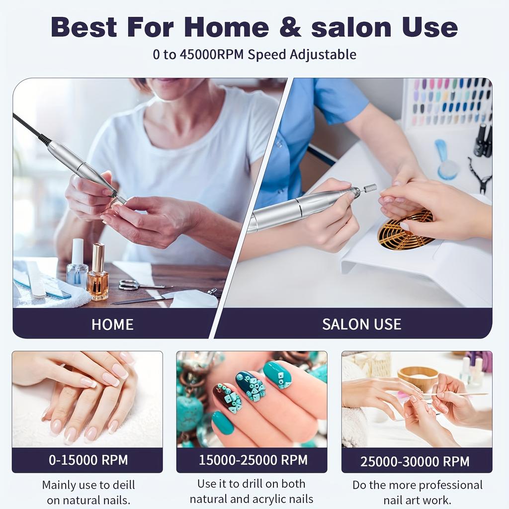 Professional Electric Nail Drill Machine, 45000 RPM Portable Rechargeable Nail File NAIL TOOLS