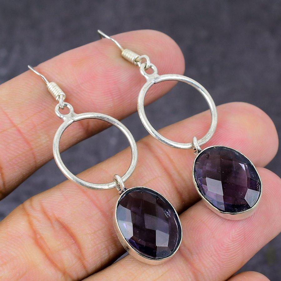 Аметист Драгоценный камень Ручная работа 925 Стерлинговое серебро Подарок Ювелирное изделие Серьга 2,25" n8H48
