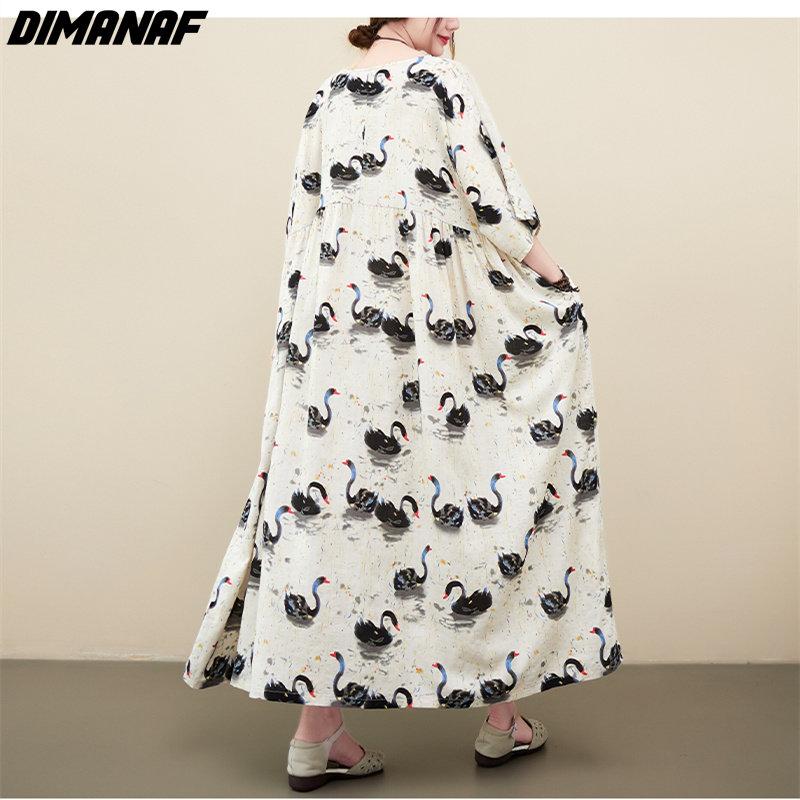 DIMANAF 2023 Women Dress Summer Sundress Linen Beach Holiday Print Pattern Fashion Lady Vestidos Loose Casual Maxi Dress Oversize