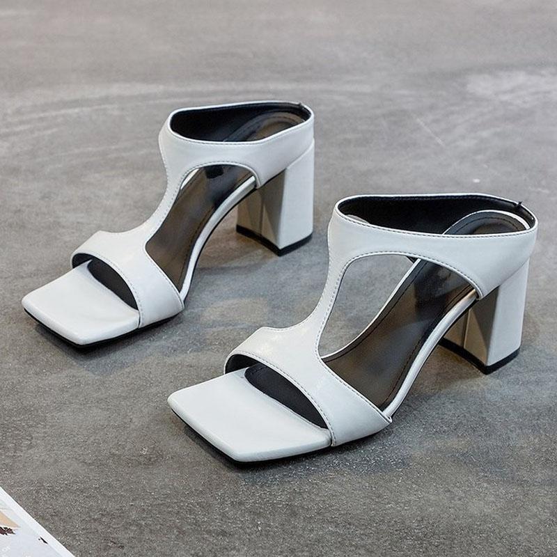 Летние женские босоножки с квадратным носком и блочным каблуком, модные тапочки, сексуальные Т-образные босоножки с открытым носком и высоким каблуком, большие размеры