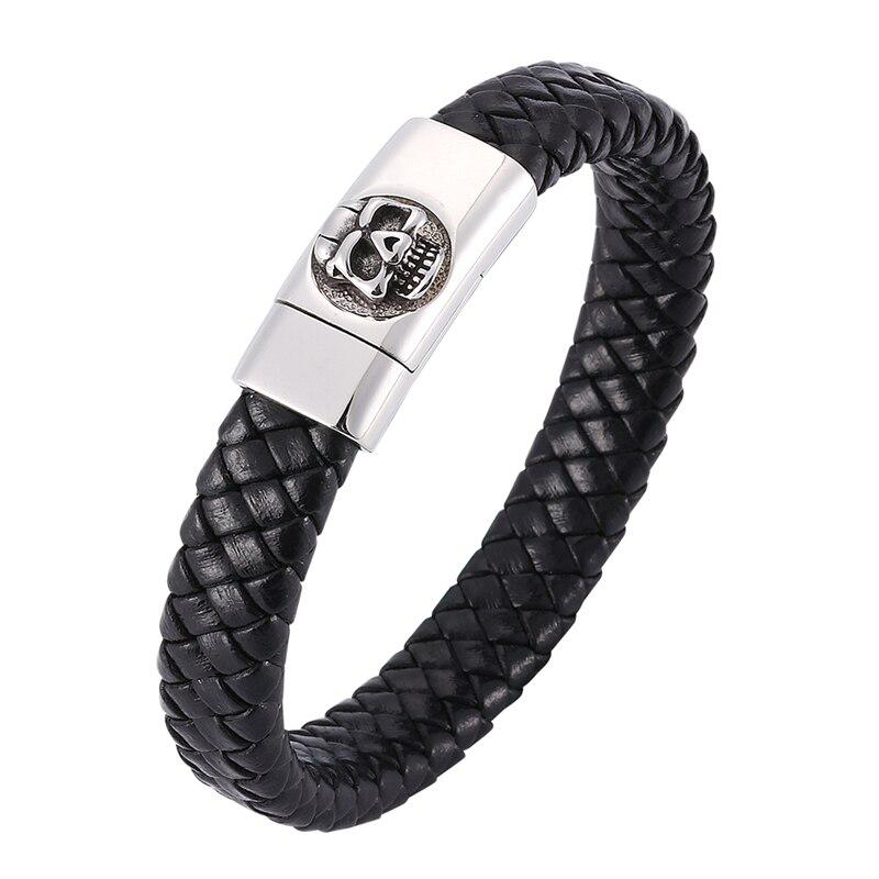 Fashion Man Jewelry Braided Leather Bracelet Skull Head Bracelet Stainless Steel Clasps Male Wrist Band Gifts