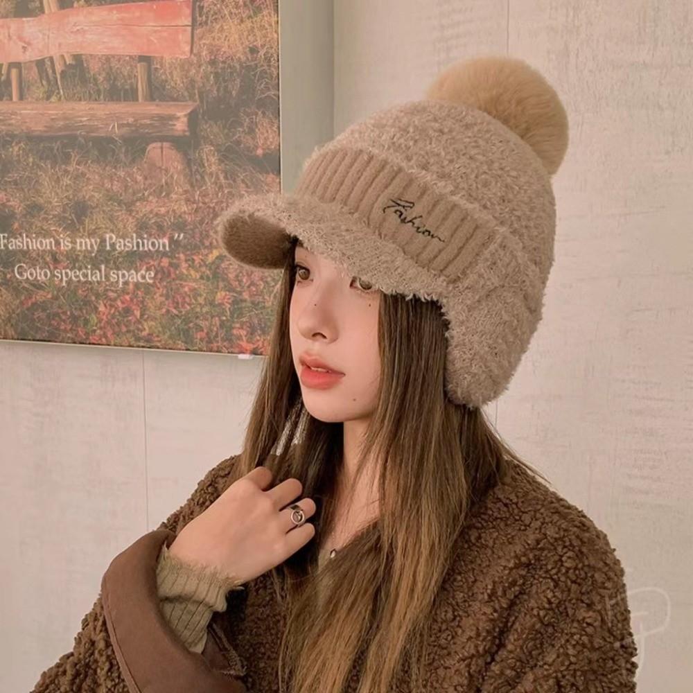 Solid Color Warm Earmuffs Cap Thermal Windproof Knitted Baseball Cap Versatile Thick Pompom Plush Beanie Outdoor Activities