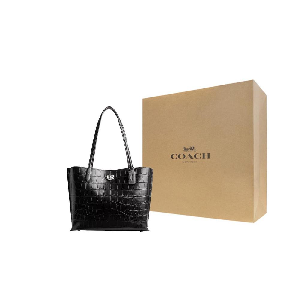 COACH Willow Leather Tote Bag, Shopping Bag Large Women's Silver & Black CP140-LHBLC