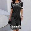 Fashion Womens Loose Simple Retro Style Print O Neck Short Sleeve Leaves Print Loose Streetwear A-line Dress